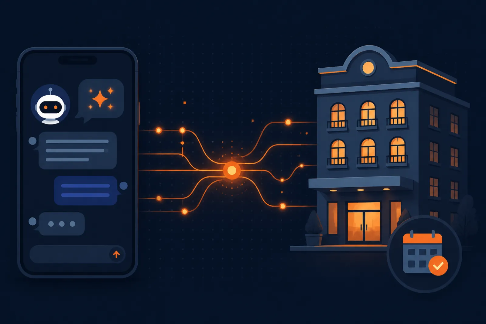 Illustration of an AI assistant connecting a traveler's chat conversation to a hotel building through glowing protocol lines