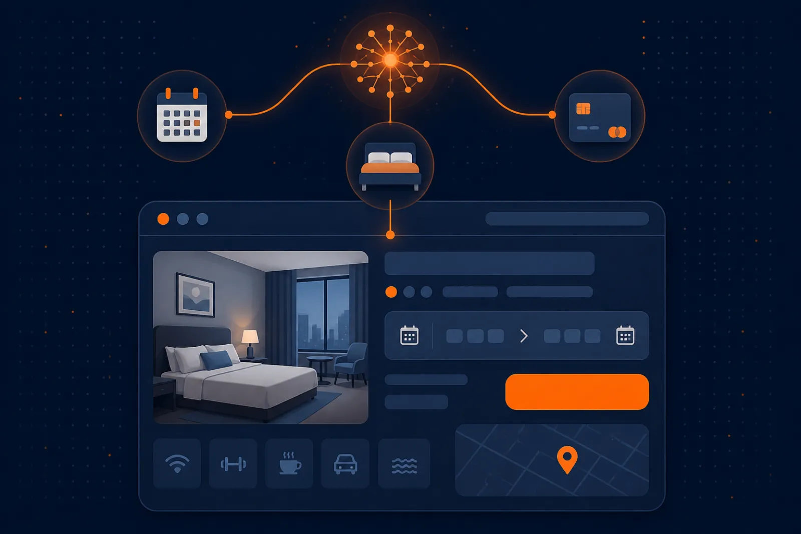 Illustration of a hotel booking interface enhanced by AI, with a neural spark connecting calendar, room and payment icons