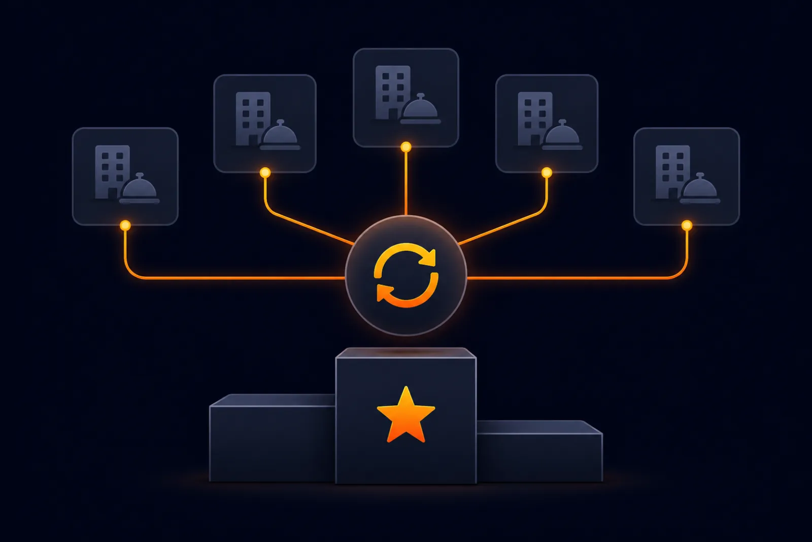 Illustration of a channel manager hub syncing five booking channels above a winners' podium with a star