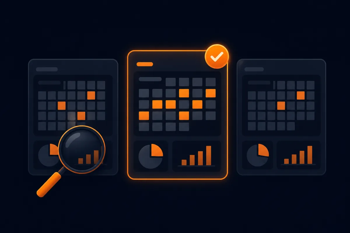Illustration of three PMS dashboards compared side by side, the center one highlighted with a checkmark and a magnifying glass inspecting charts