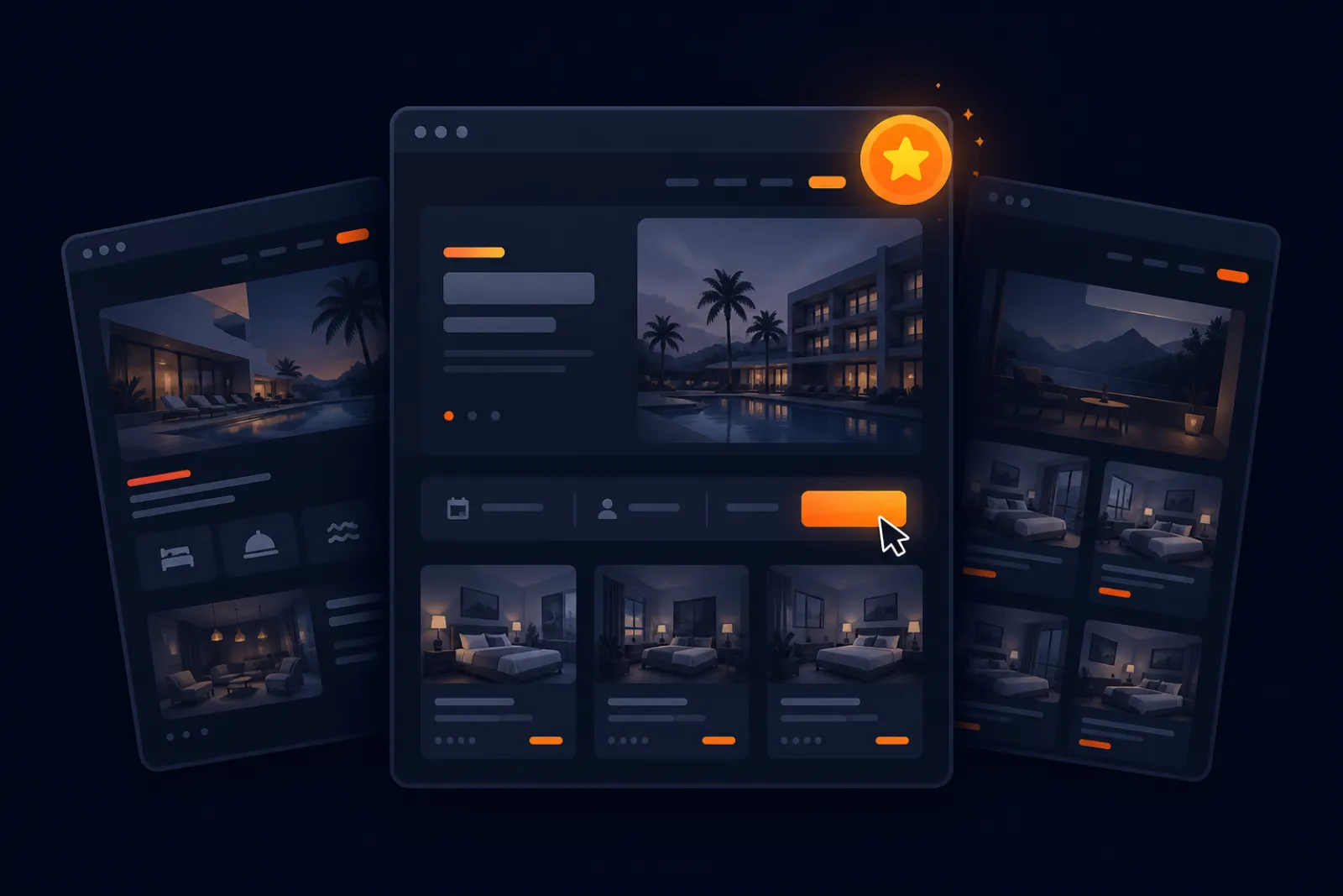 Illustration of three hotel website layouts fanned out as browser windows, the front one highlighted with a star badge