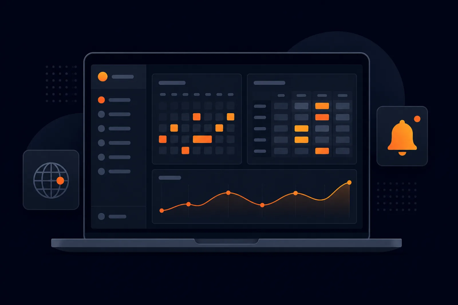 Illustration of an OTA extranet admin panel on a laptop with a calendar, rate table and performance chart