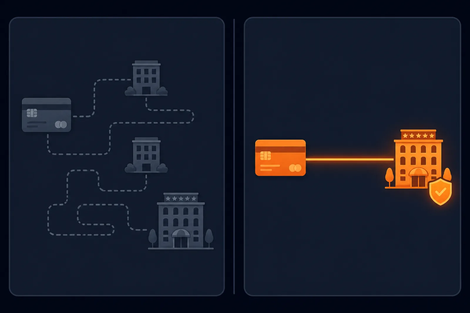 Comparison of payment paths: an indirect OTA payment flow versus a direct booking payment going straight from the guest's card to the hotel