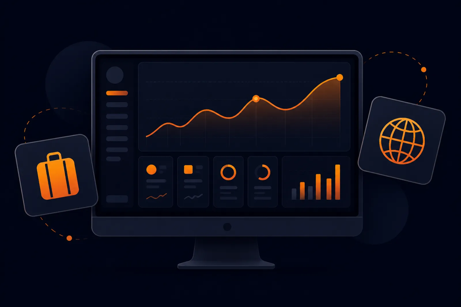 Illustration of the Expedia Partner Central dashboard with performance charts, a travel globe and a suitcase