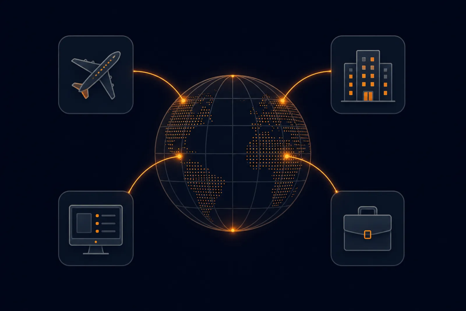 Illustration of a GDS as a globe connecting airlines, hotels, travel agency terminals and corporate booking tools