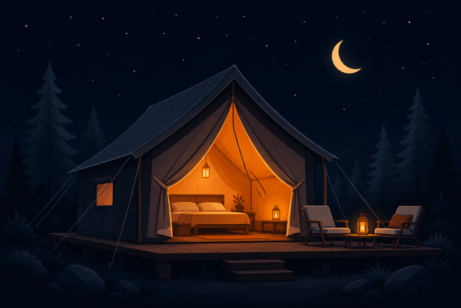 Illustration of a glamping safari tent glowing at night with a bed inside, deck chairs and a starry sky