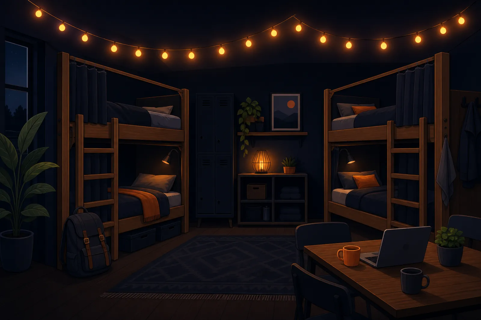 Illustration of a cozy hostel dorm with bunk beds, privacy curtains, a backpack and string lights over a shared table