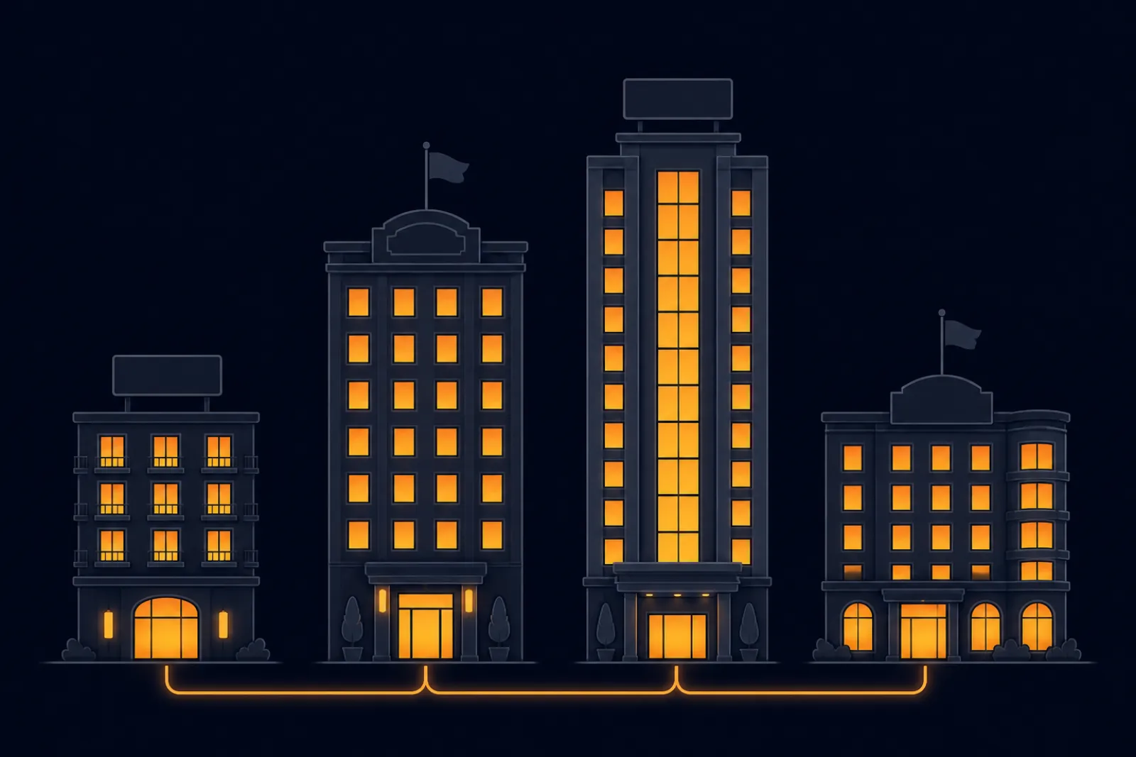 Illustration of four hotel buildings of different sizes connected at the base, representing hotel chains and their brand families