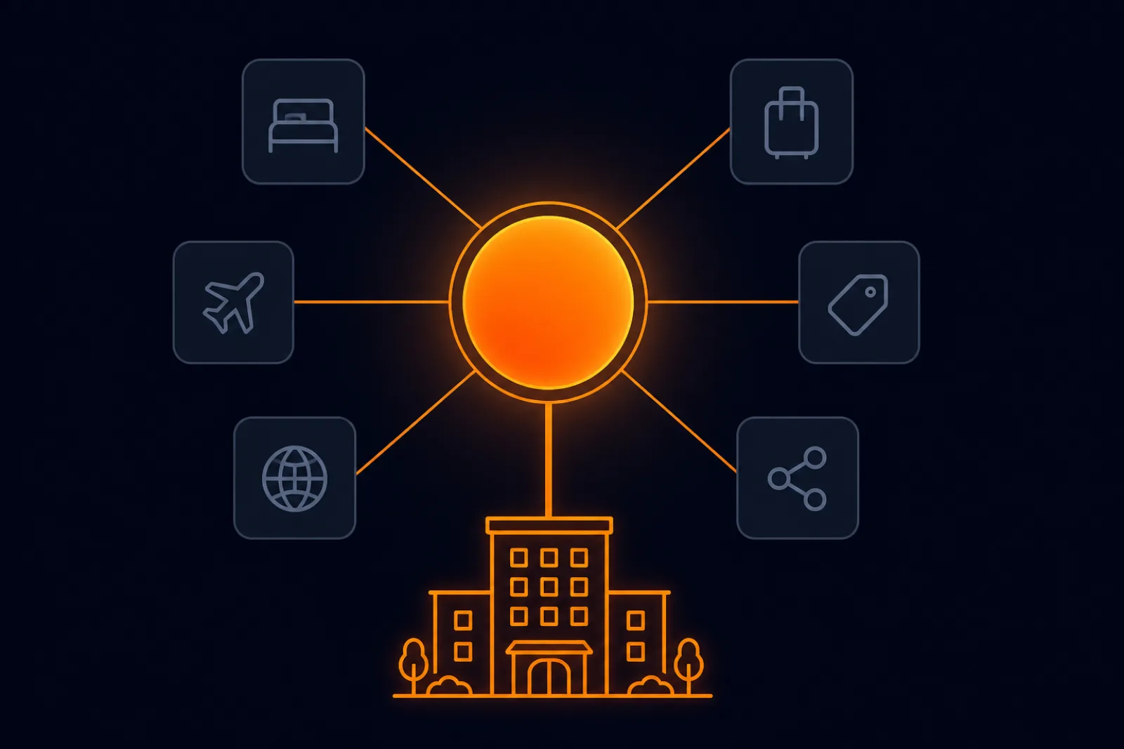 Illustration of a channel manager as a central hub connecting a hotel to multiple booking channels
