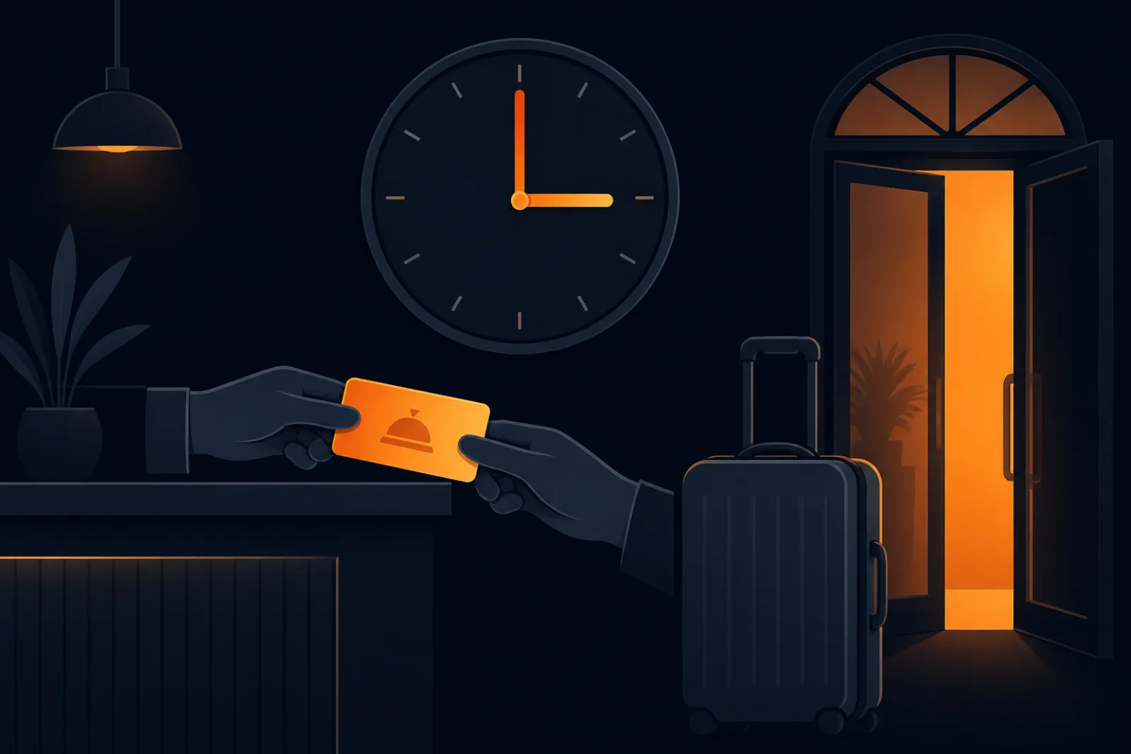Illustration of a hotel key card handed over the counter under a wall clock showing 3 PM, with a suitcase and a lit doorway