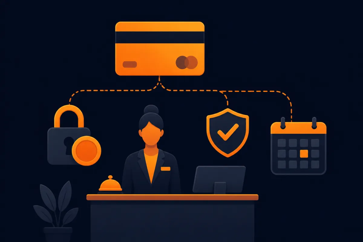 Illustration of a hotel front desk with a payment card, a held-funds padlock, a protection shield and a charge-date calendar