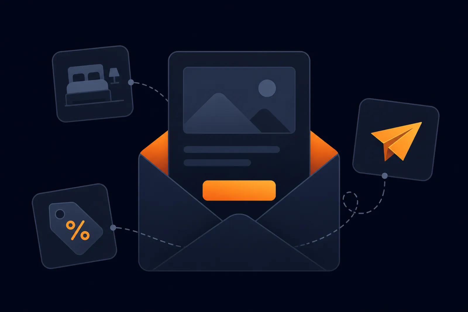 Illustration of a hotel marketing email sliding out of an envelope, surrounded by a room icon, a discount tag and a paper plane