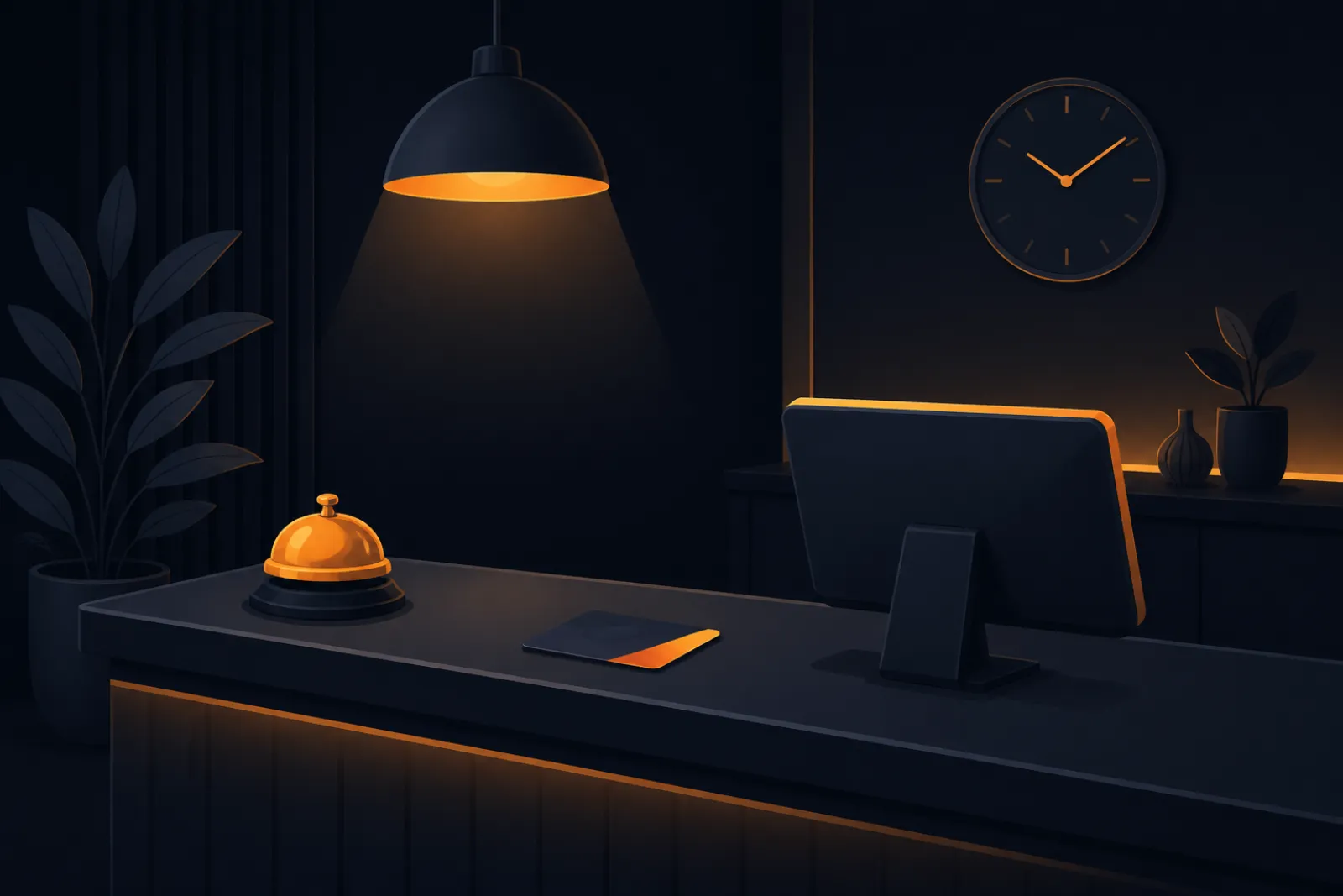 Illustration of a modern hotel reception desk with a service bell, key card, monitor and a warm pendant lamp