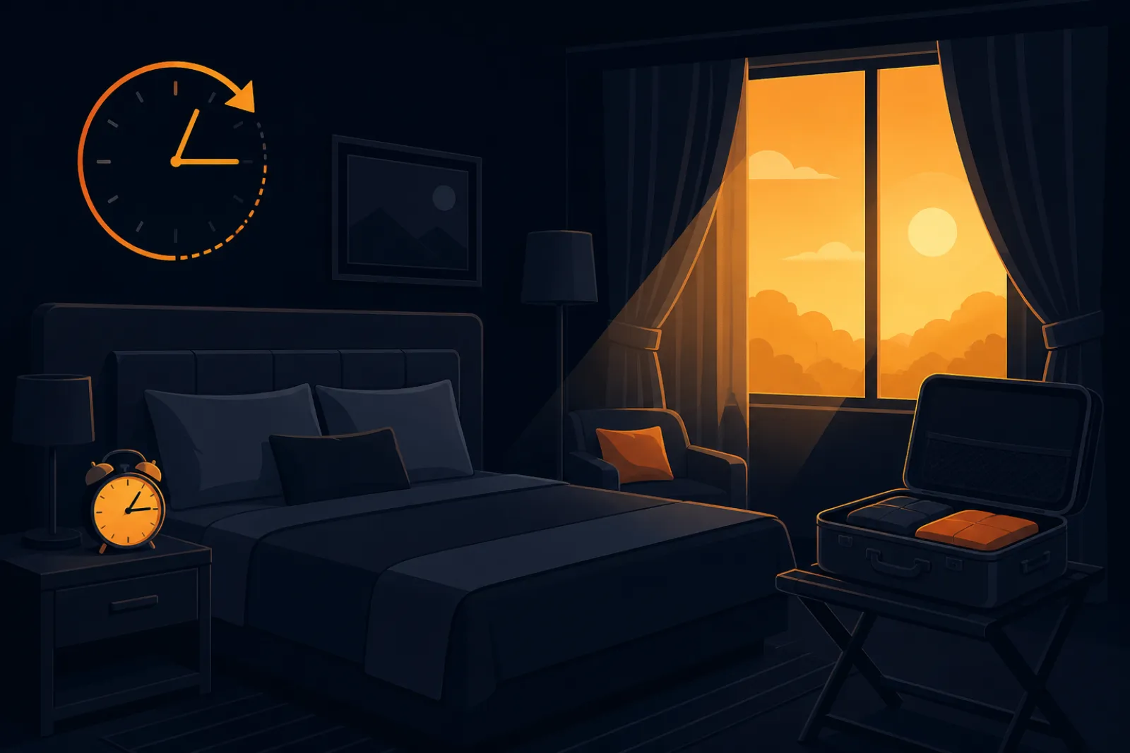 Illustration of a hotel room at midday with an alarm clock, open suitcase and afternoon light through the window, with a forward-rotating clock motif