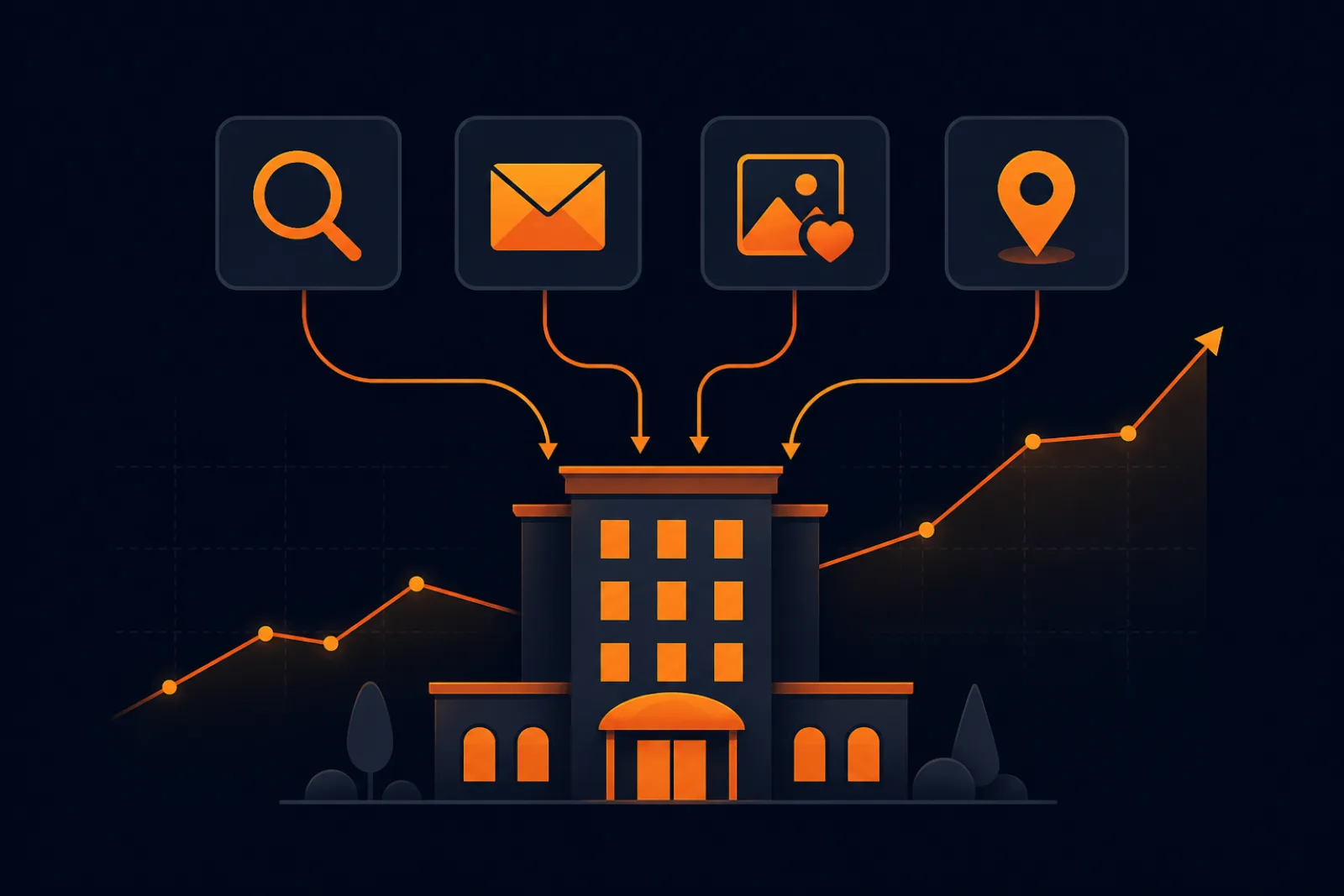 Illustration of marketing channels — search, email, social media and maps — flowing into a hotel with a rising booking trend line