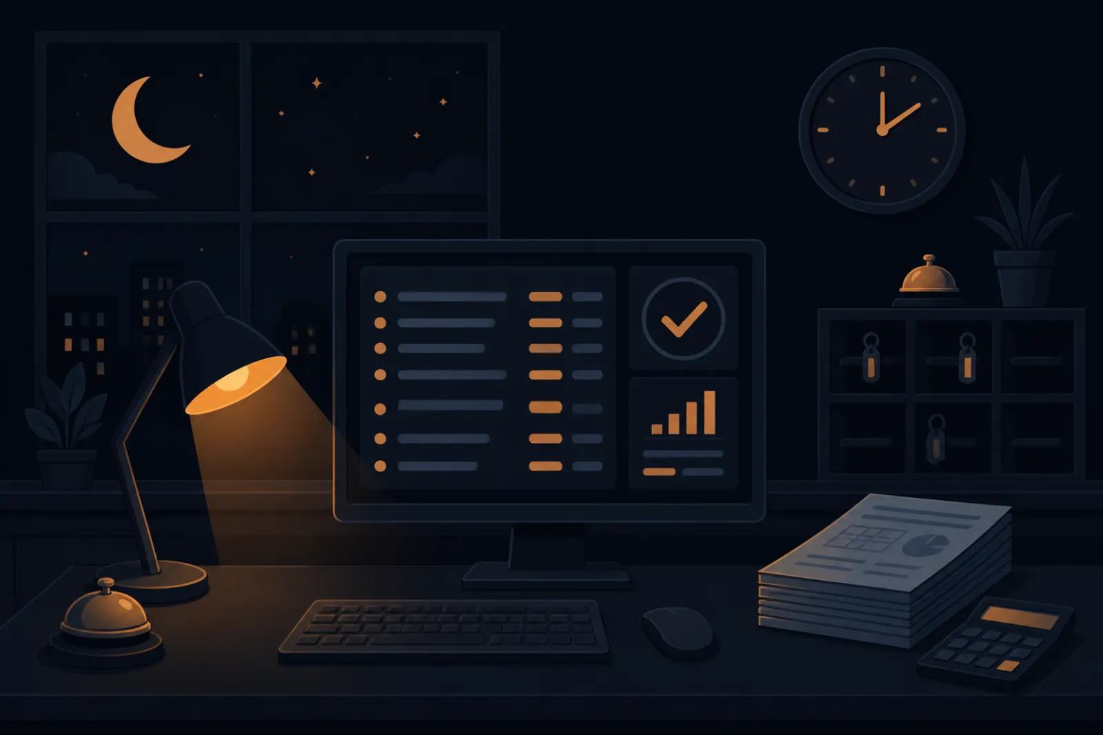 Illustration of a hotel front desk at night with a report screen, desk lamp, stacked papers, calculator and a crescent moon in the window