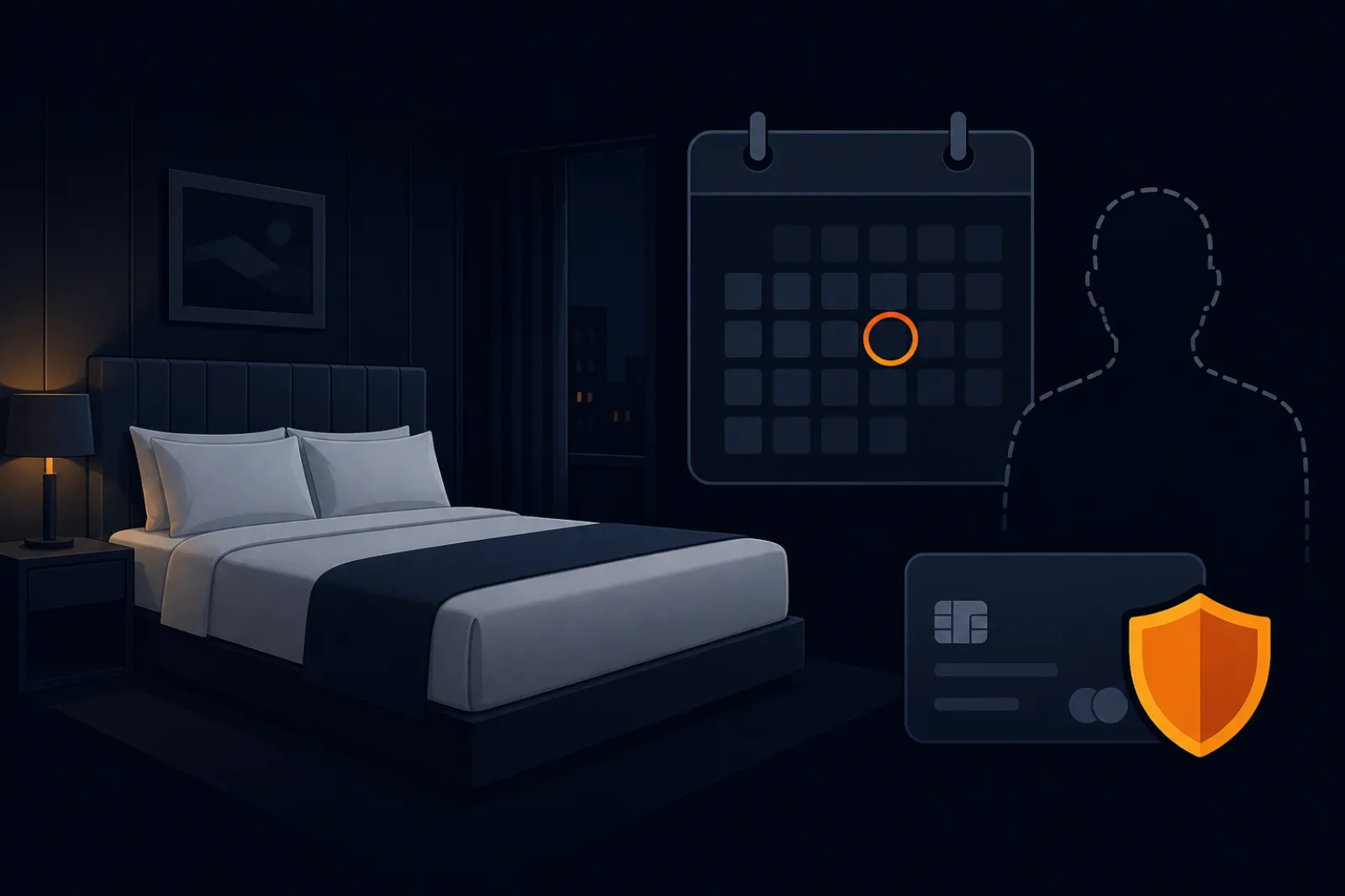 Illustration of an untouched hotel bed beside a calendar with a circled date, a dashed guest silhouette and a card with a protection shield