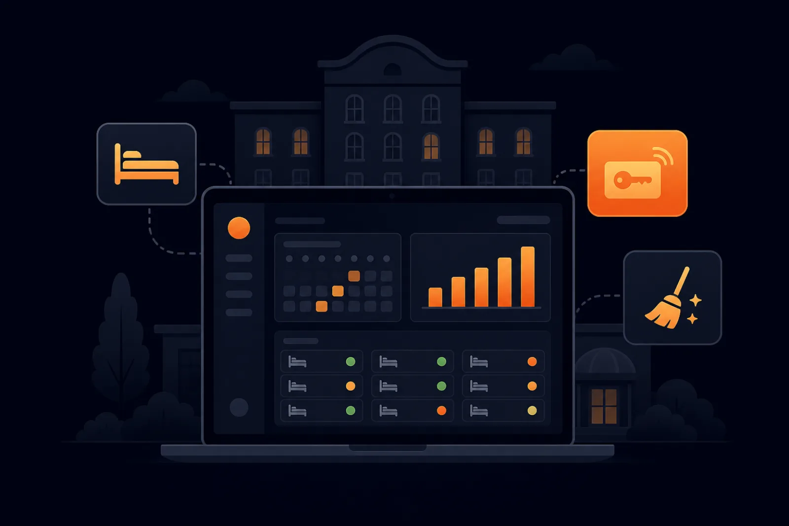 Illustration of a hotel PMS dashboard with a reservations calendar, room status board and occupancy chart