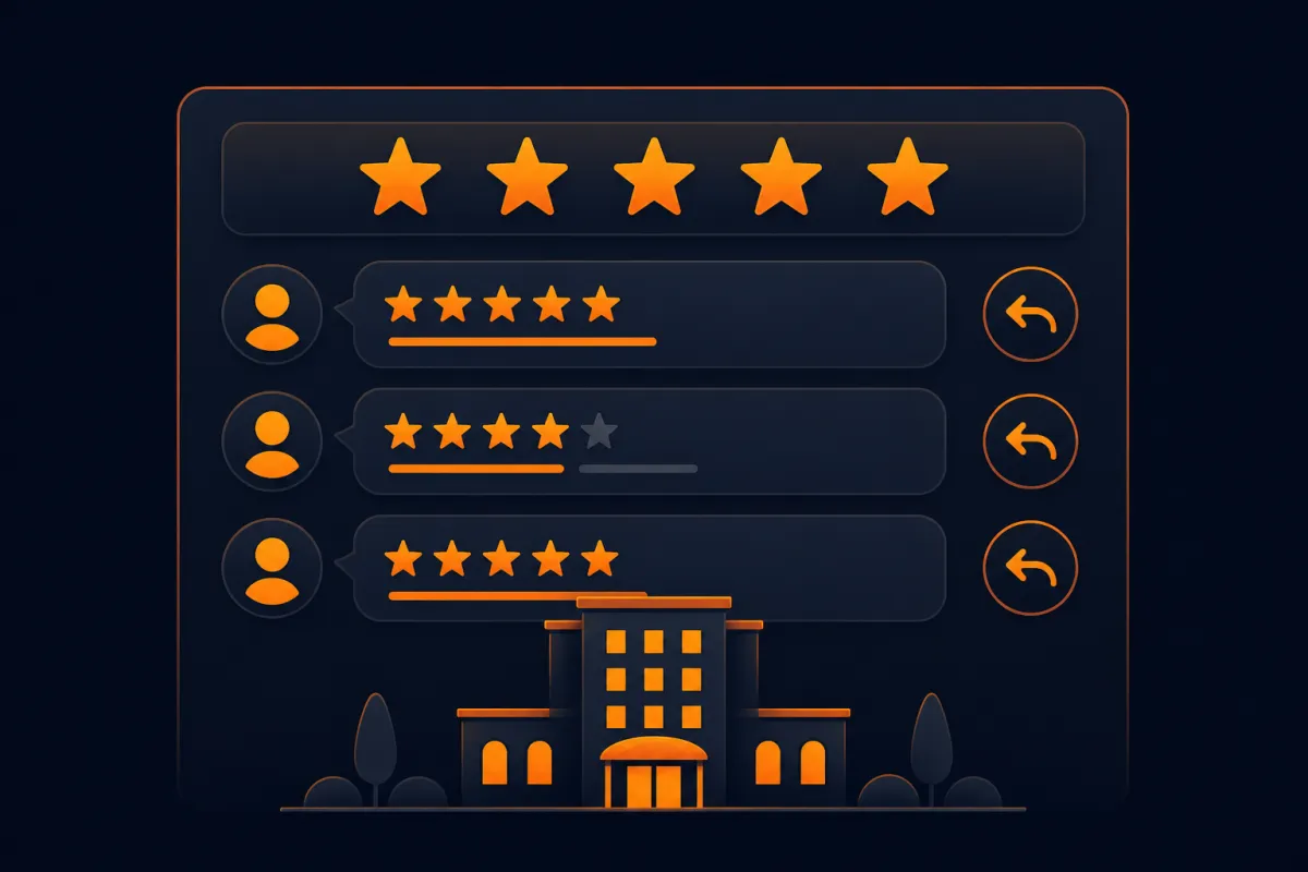 Illustration of a review management dashboard with star ratings, guest review bubbles and reply arrows above a hotel