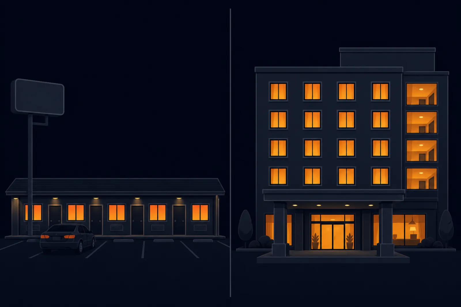 Split illustration comparing a low-rise roadside motel with parking at the door and a multi-story hotel with a lobby entrance