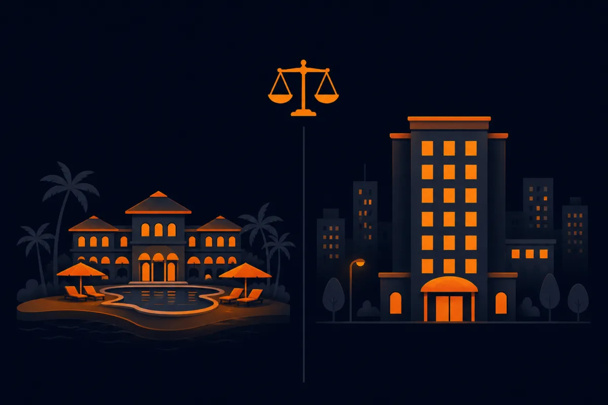 Split illustration comparing a beachfront resort with pool and palm trees against a city hotel tower, with a balance scale in the center
