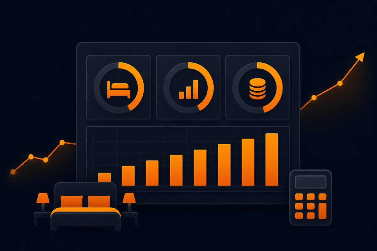 Illustration of a hotel revenue dashboard with three gauges, a rising bar chart, a bed and a calculator