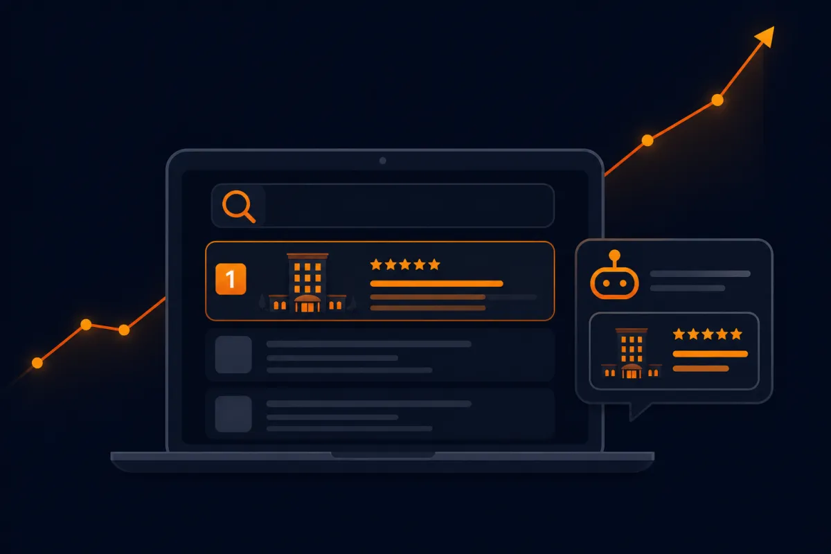 Illustration of a laptop showing a hotel website ranking first in search results, with an AI assistant citing it and a growth curve behind