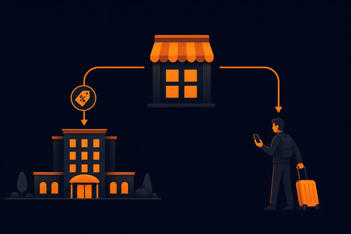 Illustration of an OTA marketplace connecting a hotel (with a commission tag) and a traveler booking on a phone